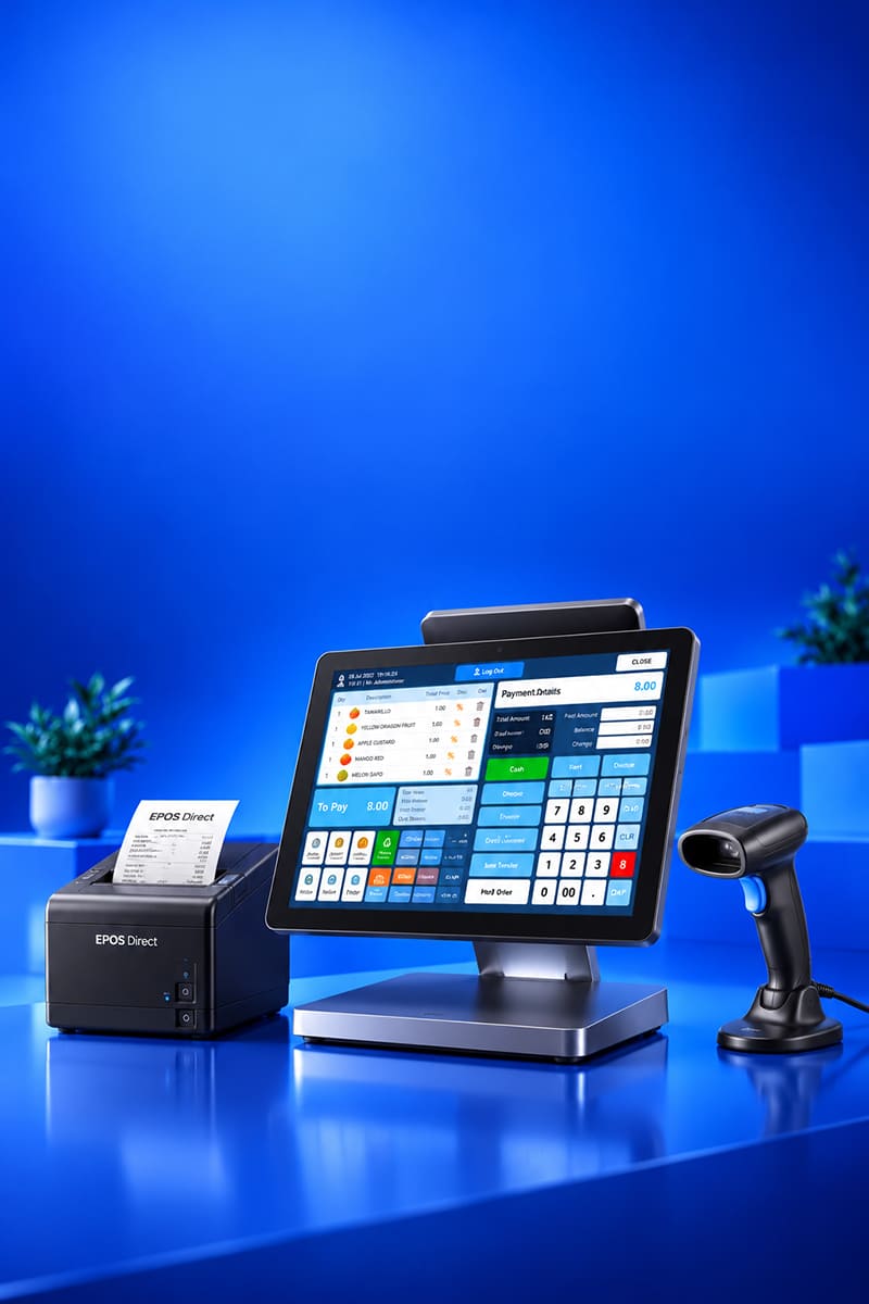 EPOS touchscreen, receipt printer and barcode scanner